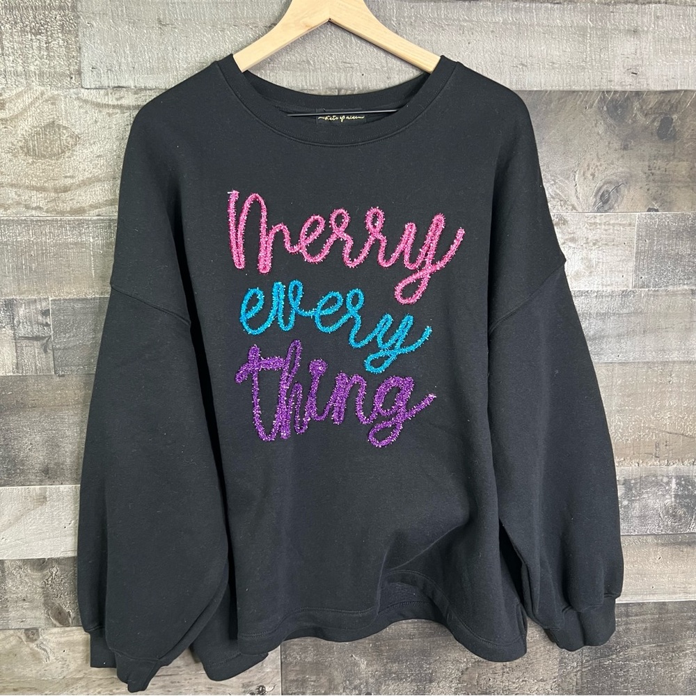 NWT State of Mine Black Sweater Tinsel Sparkle Christmas Merry Every Thing